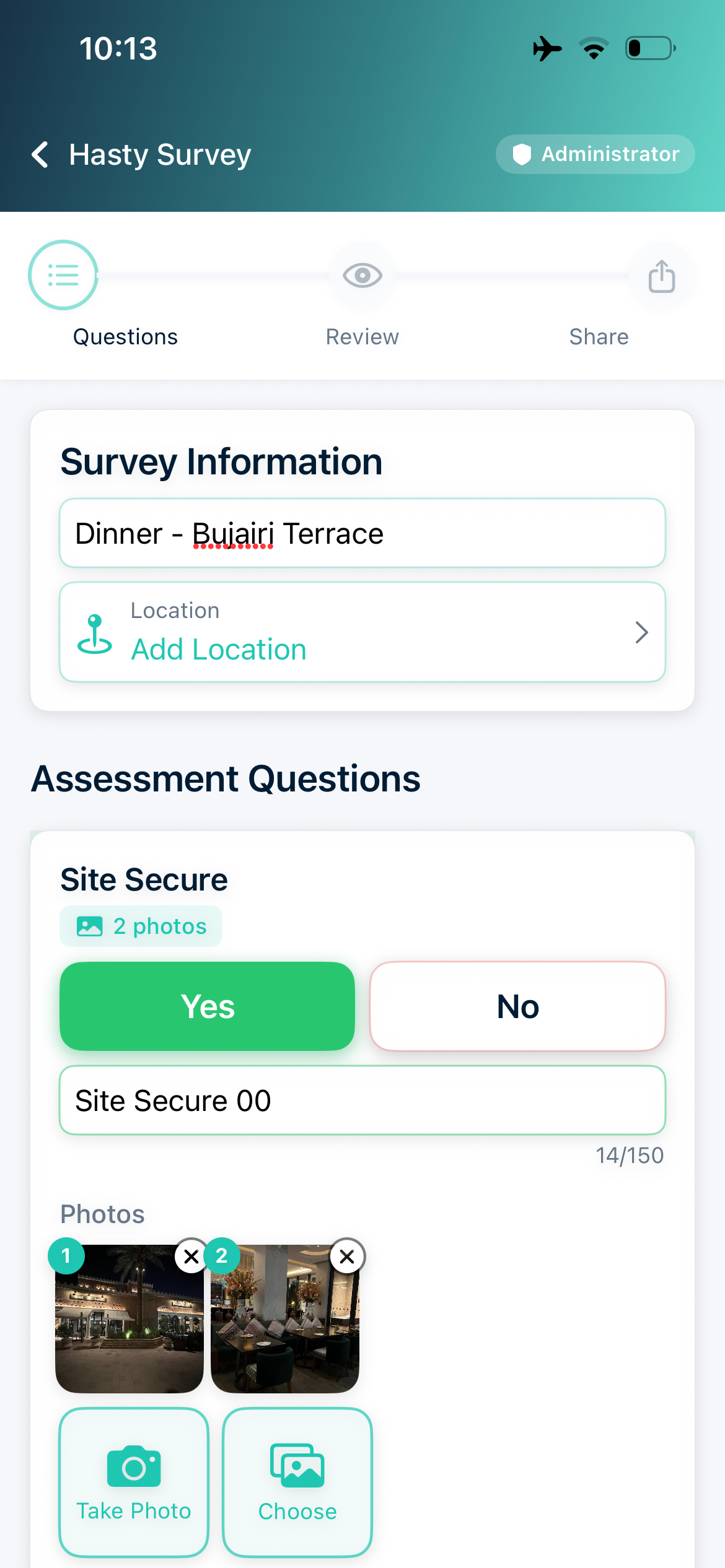 Hasty Survey screen