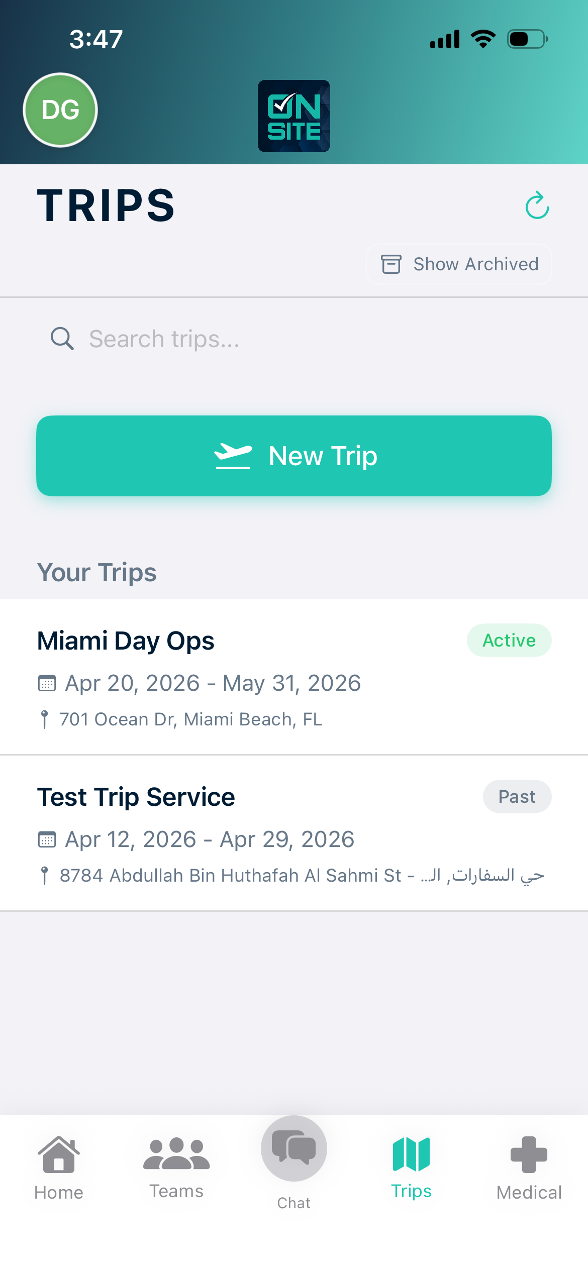 Trip Planning screen